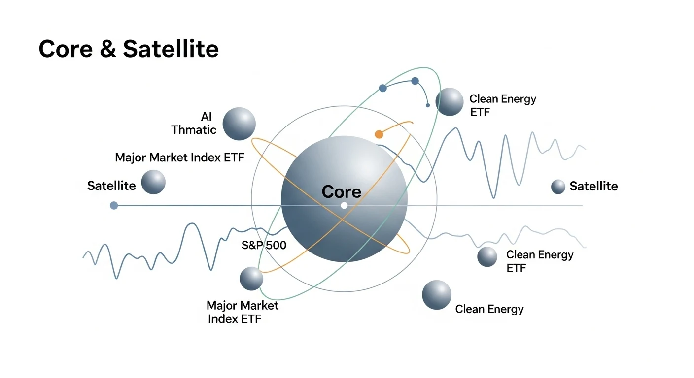 해외 ETF 포트폴리오의 핵심(Core)과 위성(Satellite) 전략을 보여주는 인포그래픽