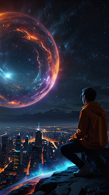Cosmic View Man Watches Orange Nebula Planet Above City - Free mobile Wallpaper