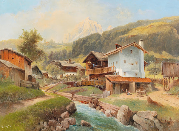 Mountain Village by a Stream
