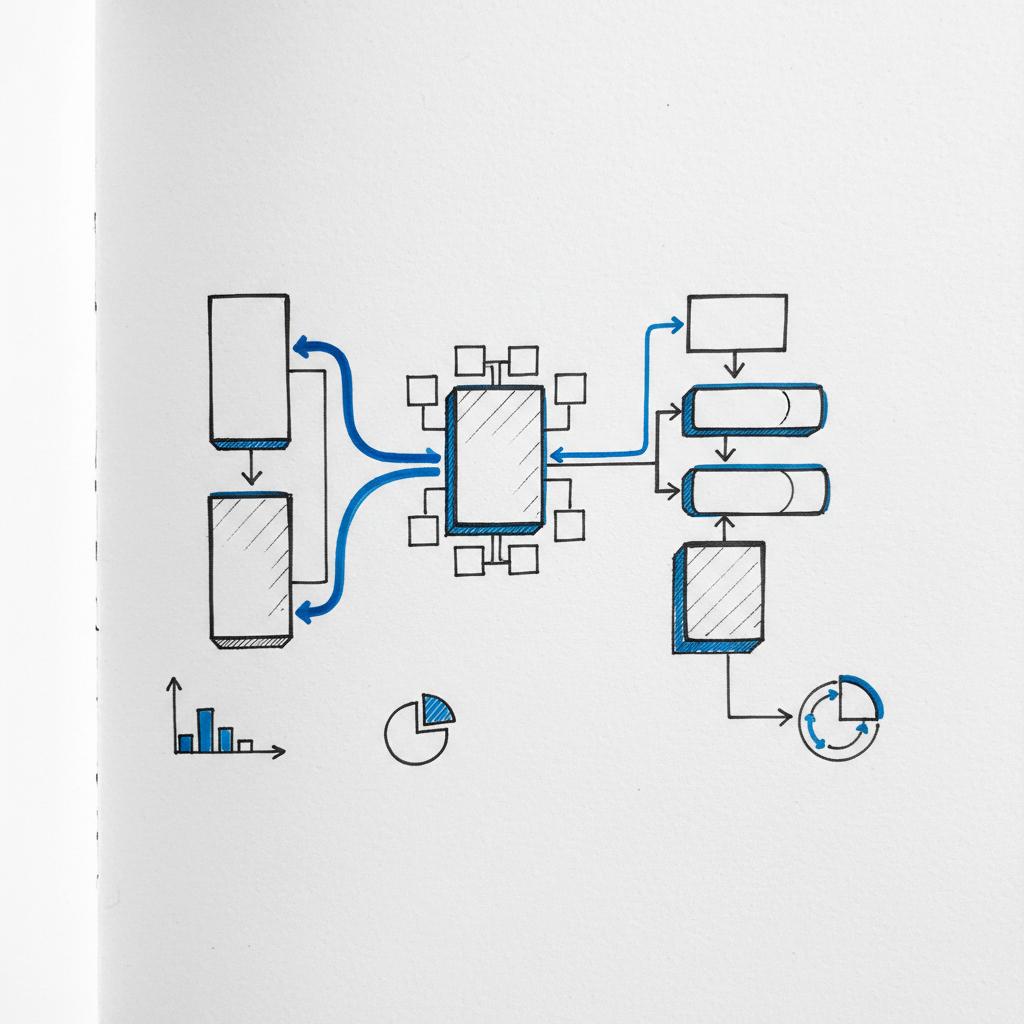 Notebook-style close-up sketch of a marketing stack with abstract blocks for creative, media, and data, hand-drawn arrows and #1a5bfb accents on white background &mdash; big four ad agencies