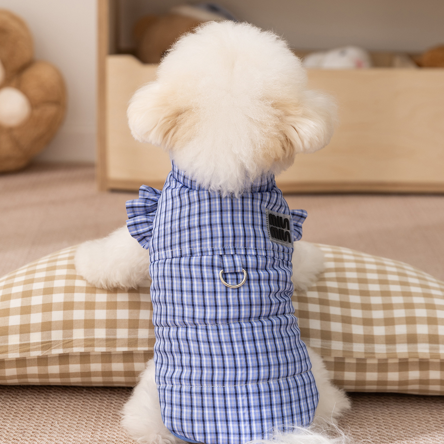 Dog jacket, plaid pattern, with leash, cotton