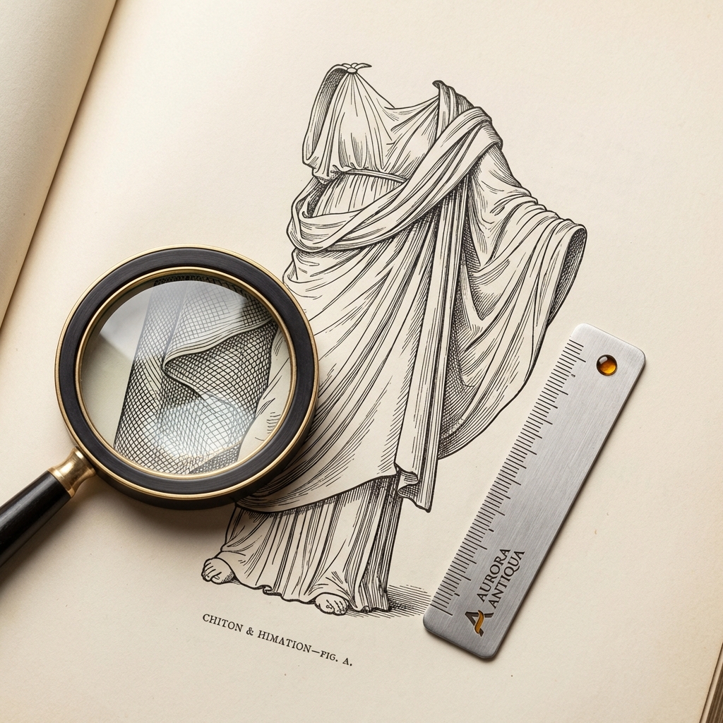 Full frame close up of a museum catalogue page with chiton and himation ink illustration, measuring scale and magnifier on cream background in Aurora Antiqua colors, minimalist composition, old greek wedding rings