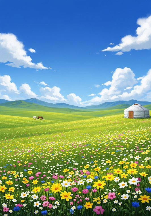 Idyllic Wildflower Meadow and Yurt