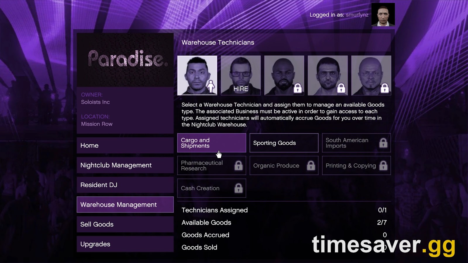 The GTA Online nightclub Warehouse Technicians management screen listing all seven goods types and technician slots