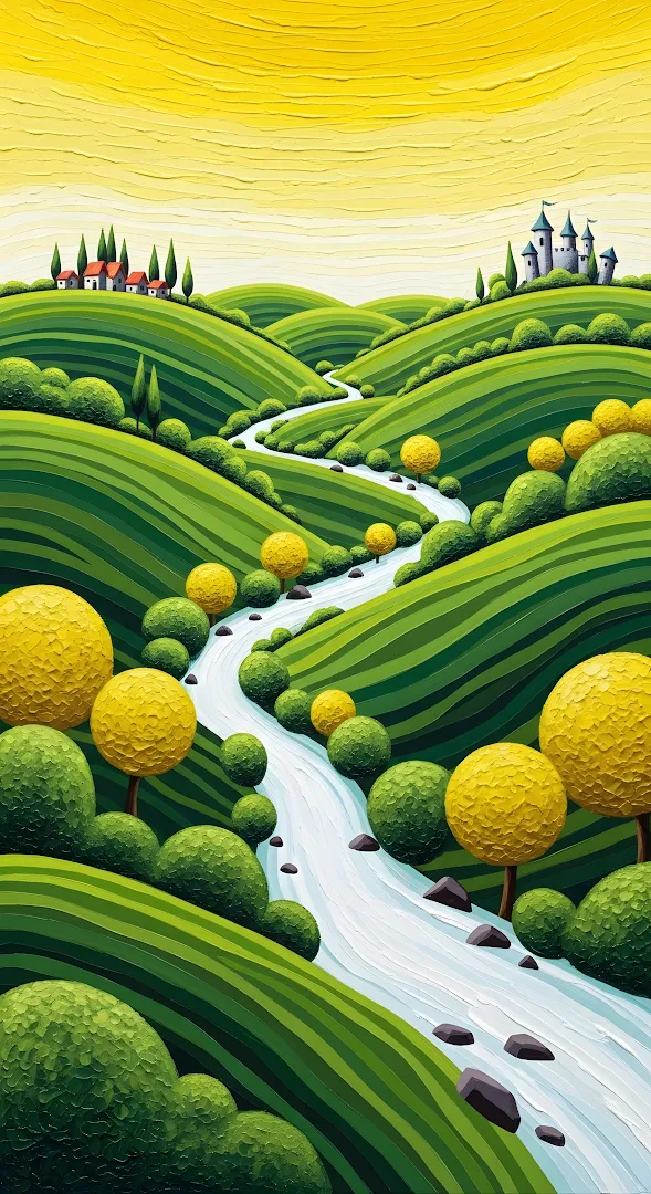 Impasto Painting of Winding River Through Green Hills