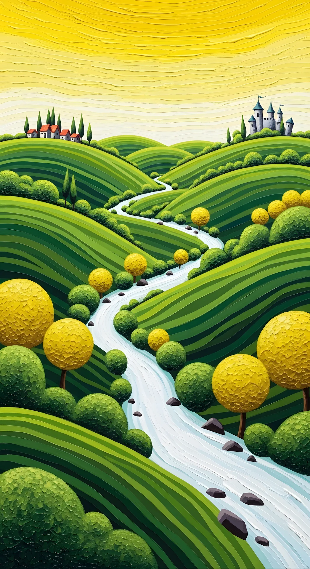 Impasto Painting of Winding River Through Green Hills - Free 4K mobile Wallpaper
