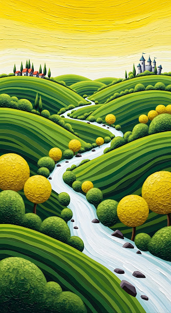 Impasto Painting of Winding River Through Green Hills - Free mobile Wallpaper