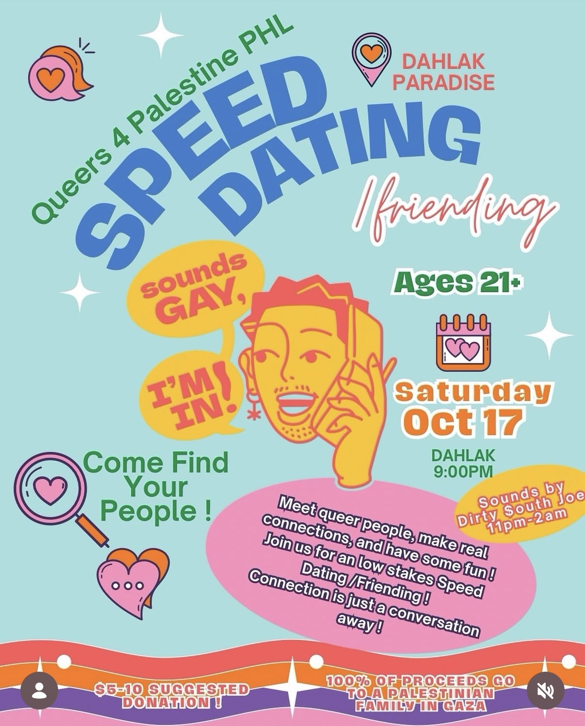 Flyer for Queers for Palestine PHL Speed Dating/Friending