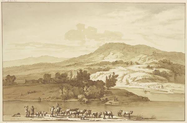 Fluß mit Herde im Hintergrund Berge