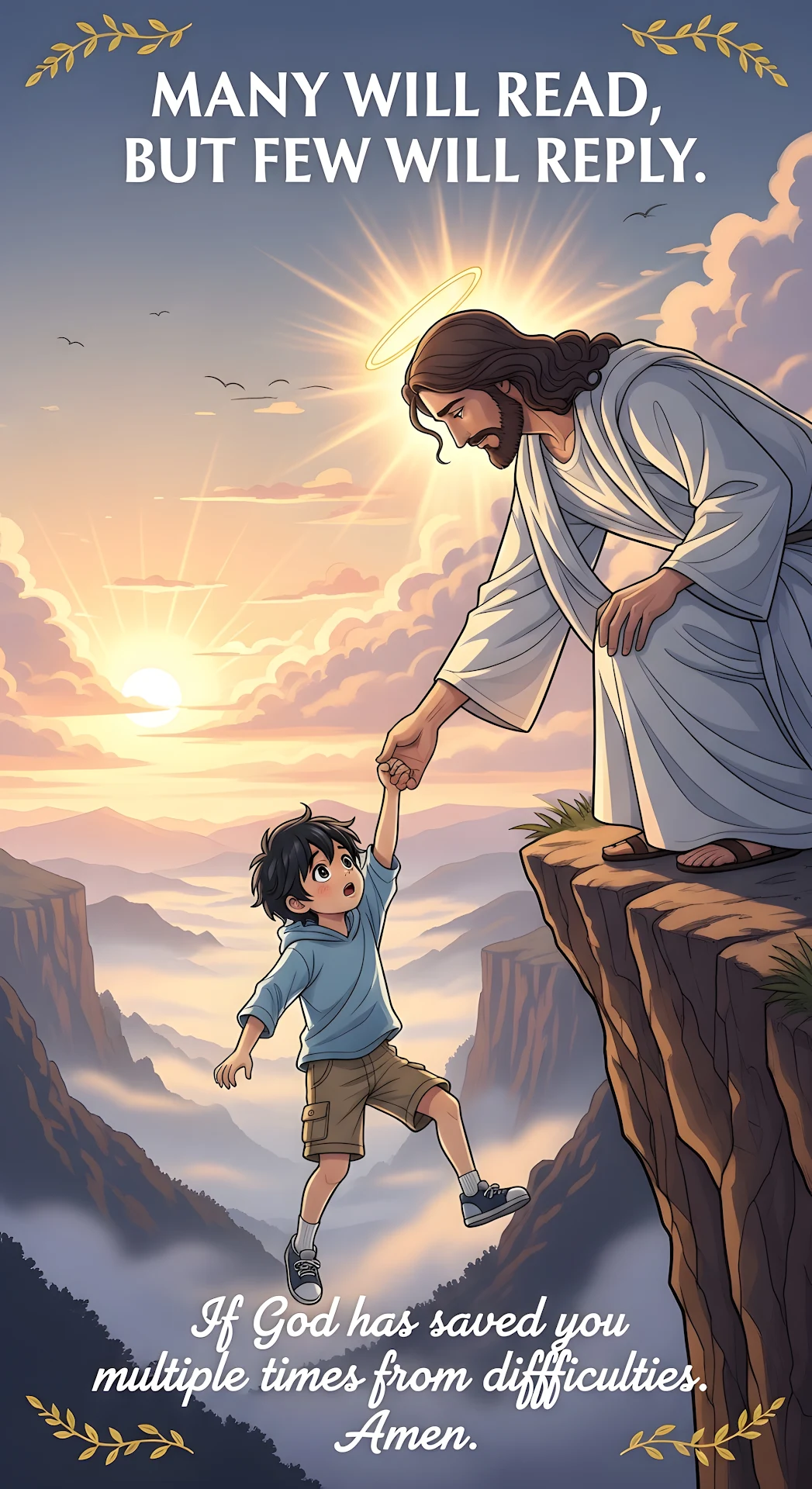 Jesus Rescuing Child Cliff Edge Religious Illustration - Free 4K mobile Wallpaper