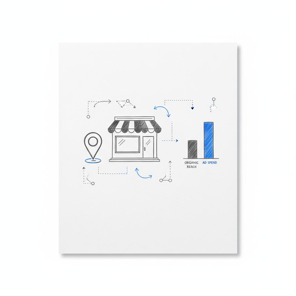 Notebook sketch of storefront, bold map marker and bar chart showing ad spend vs organic reach in minimalist brand colors &mdash; google business profile cost