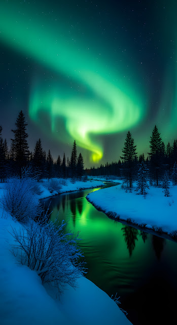 Vivid Aurora Borealis Over a Snow-Covered Forest and Reflective Icy Stream - Free mobile Wallpaper
