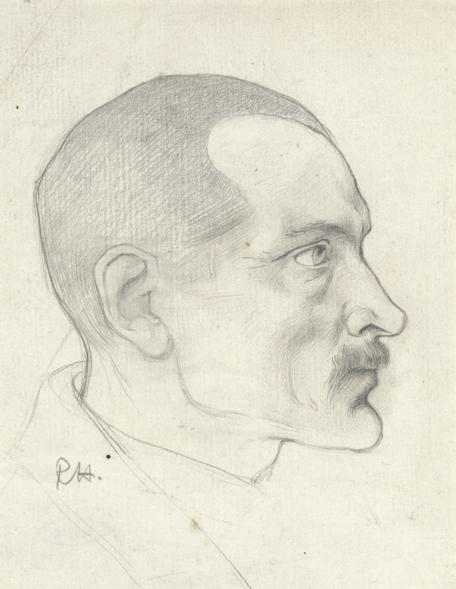 Kop van een man met snor van opzij 1878   1938