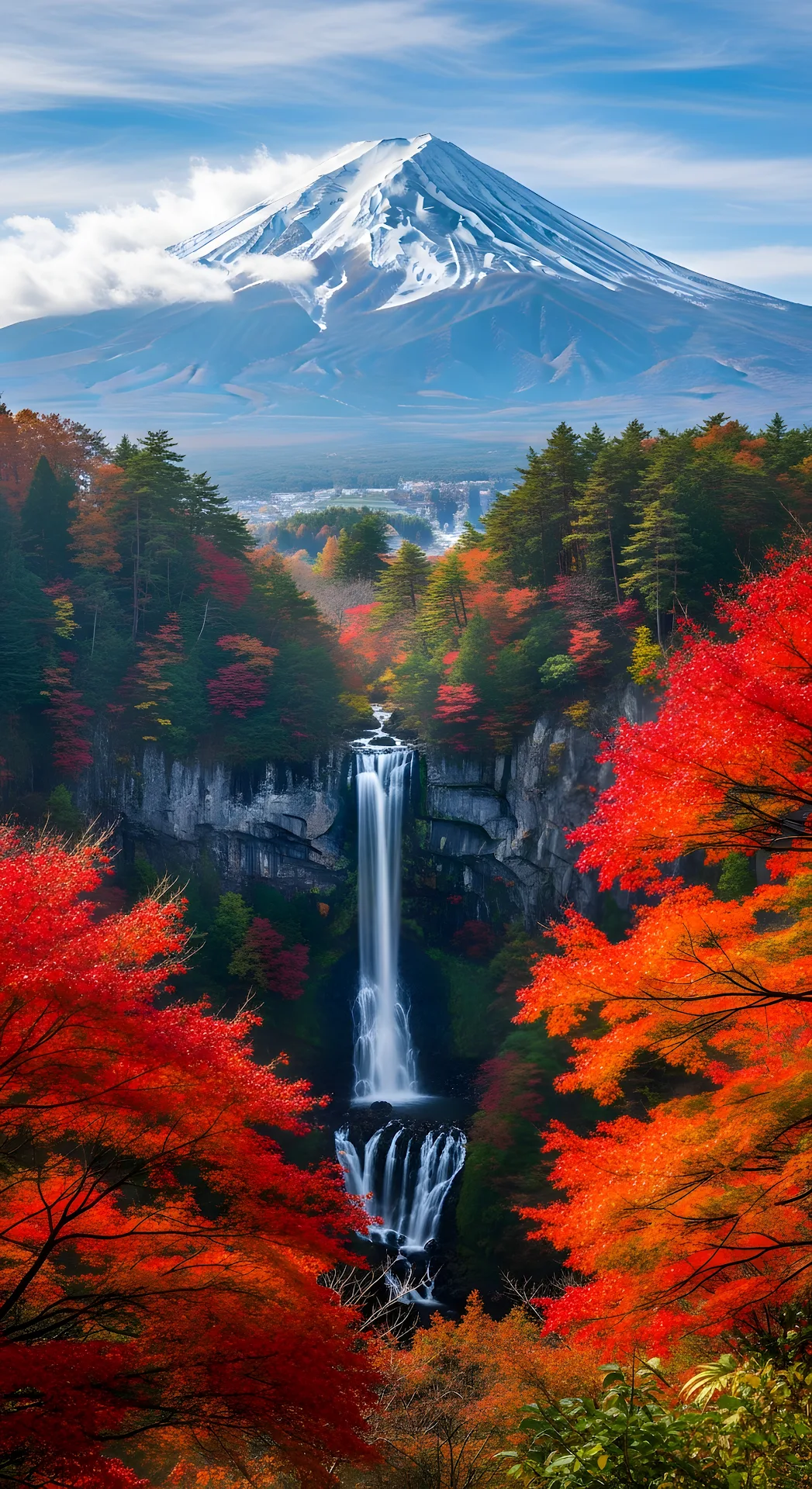 Vibrant Autumn Foliage Waterfall Mount Fuji Landscape - Free 4K mobile Wallpaper