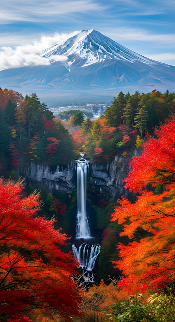 Vibrant Autumn Foliage Waterfall Mount Fuji Landscape - Free mobile Wallpaper