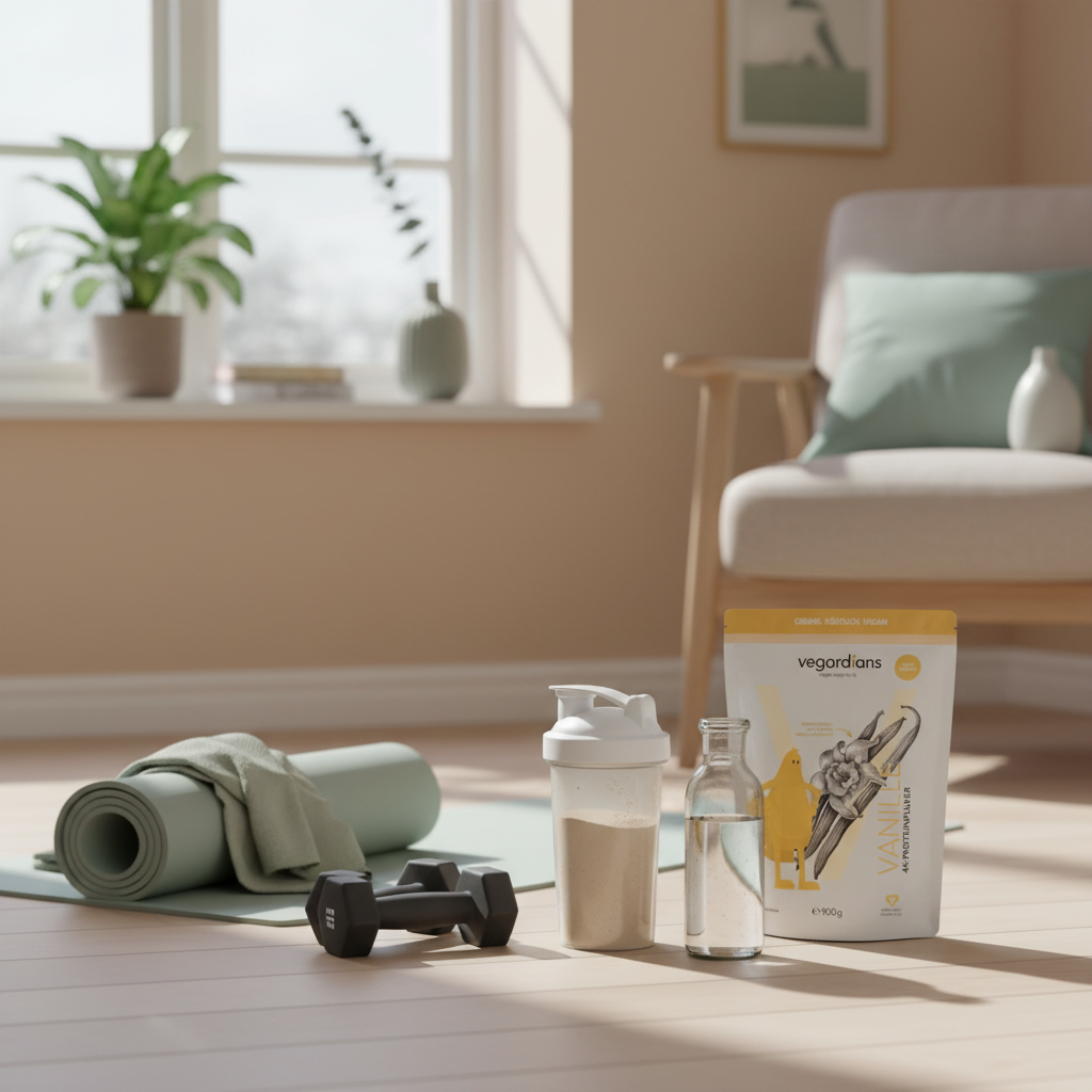 Minimalistischer skandinavischer Heim-Trainingsbereich mit Yogamatte, Kurzhanteln, Vegardians Proteinshaker und Wasserflasche für Übungen pro Training