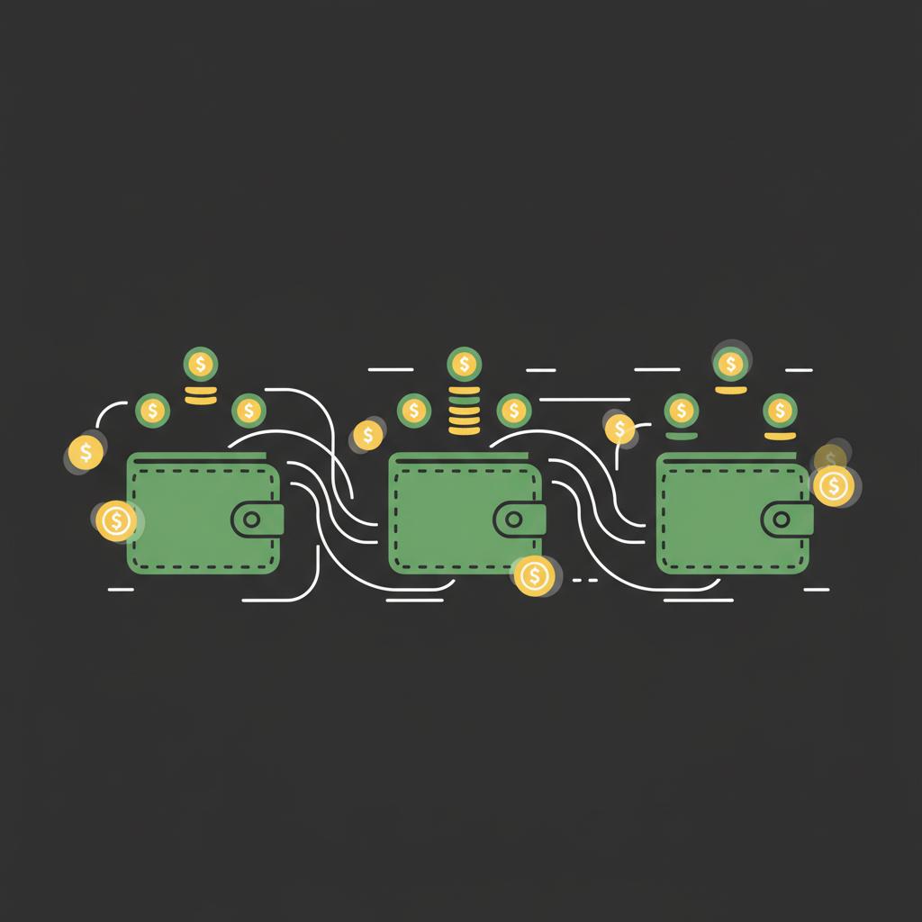 Minimalist 2D vector showing wallets connected by network lines with moving coins and rising active address icons for coins market visualization in Finance Police brand colors