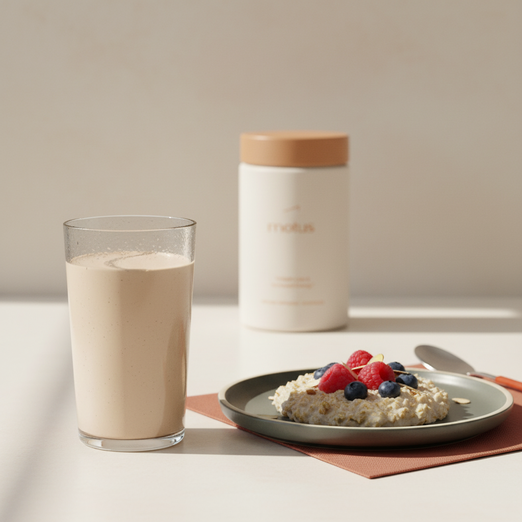 Minimalist kitchen close-up: clear glass protein shake, small plate of oats and berries, Tonum Motus container subtly in background — healthiest protein shake brand