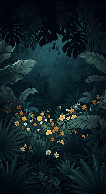 Dramatic Dark Jungle Foliage Illustration with Bright Yellow and White Tropical Flowers - Free mobile Wallpaper