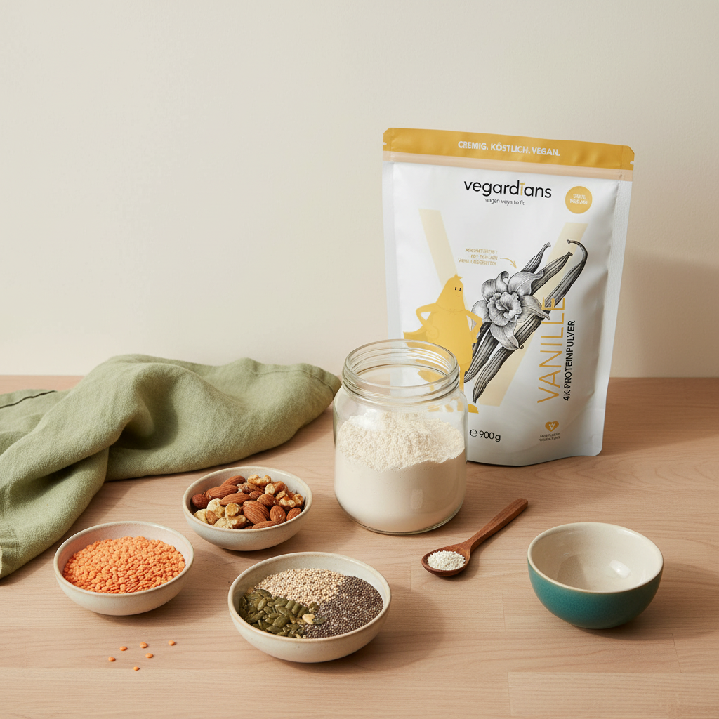 Minimalistische Küchenarbeitsfläche mit Schalen aus Linsen, Quinoa, Nüssen und offenem Glas pflanzlichem Proteinpulver, dezente salbeigrüne Akzente – nicht abnimmt