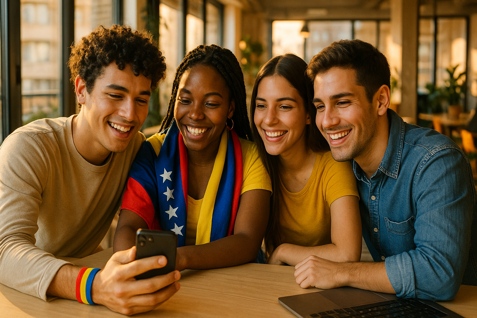 Jóvenes venezolanos en el exterior reunidos mirando un teléfono y sonriendo, sensación de apoyo y esperanza