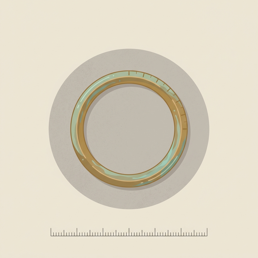 Minimalist 2D vector of a patinated bronze hoop on a textured clay surface with a ruler showing scale no numbers ancient roman jewelry