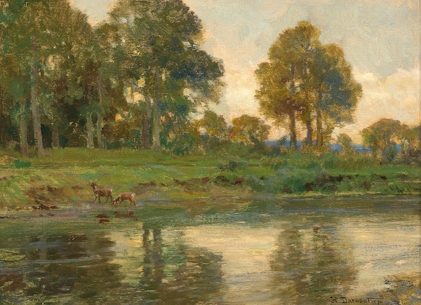 Red Deer by a Pond at Sunset 1934