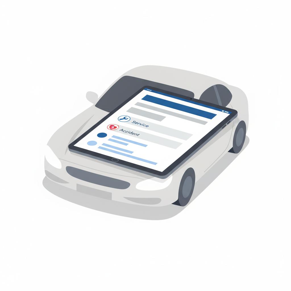 Which Hondas are having engine issues? simplified 2D vector tablet on car hood showing vehicle history report with blue header accent #3666ed on white background