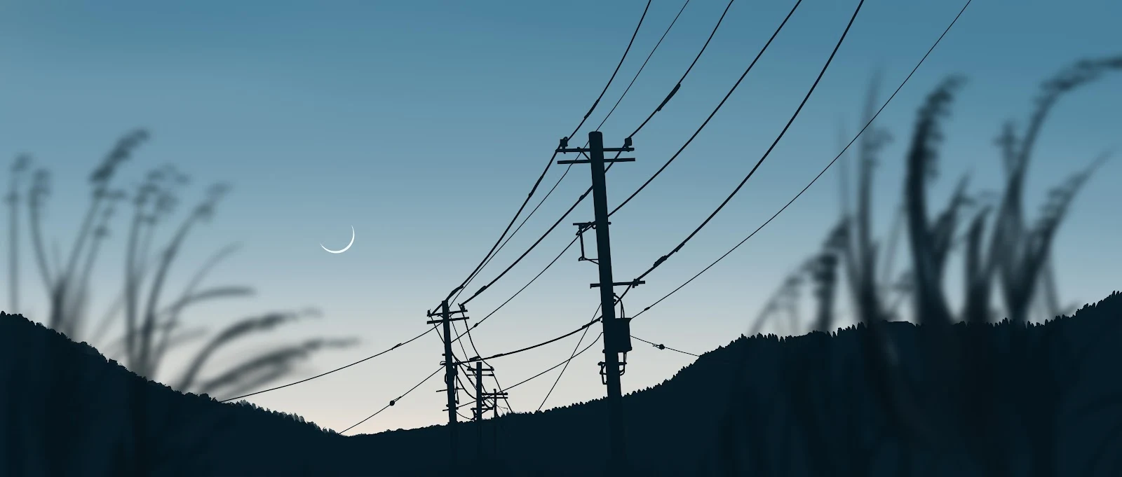 Utility Poles At Twilight - Cinematic Minimalist 4K Wallpaper (5640x2400)