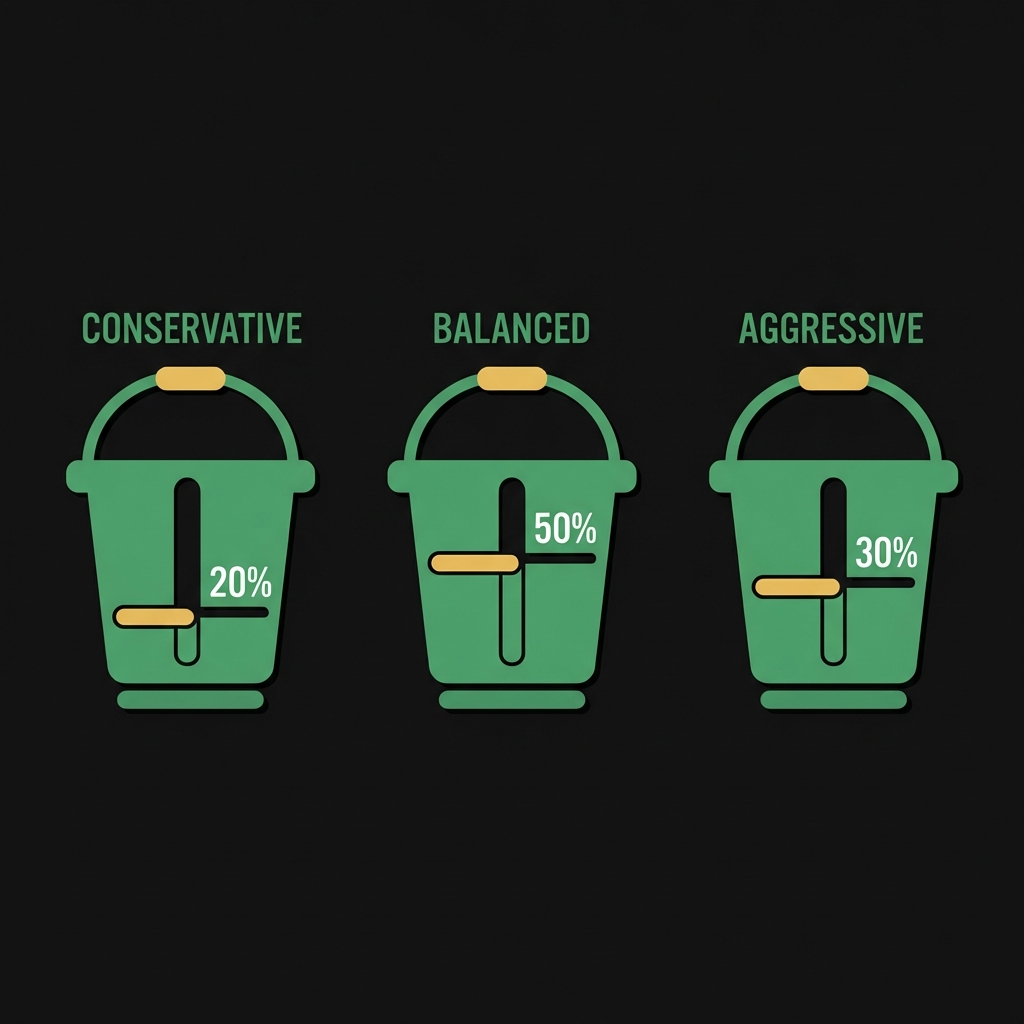 Minimalist Finance Police infographic showing three labeled buckets conservative twenty percent balanced fifty percent aggressive thirty percent on dark background best crypto to invest in