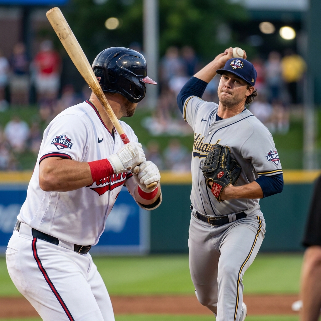 Close up of batter and pitcher in a high leverage AL West game with visible team logos on uniforms minimalist Funded Plays aesthetic dark navy background mariners astros prediction