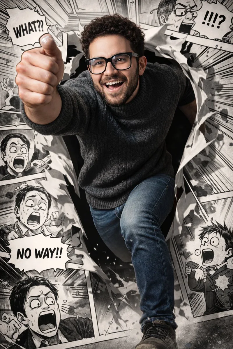 Personaje de manga ultrarrealista que irrumpe en escena