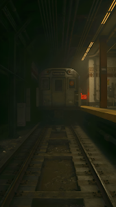 Subway Train at Dimly Lit Station with 'Forever Blvd' Sign