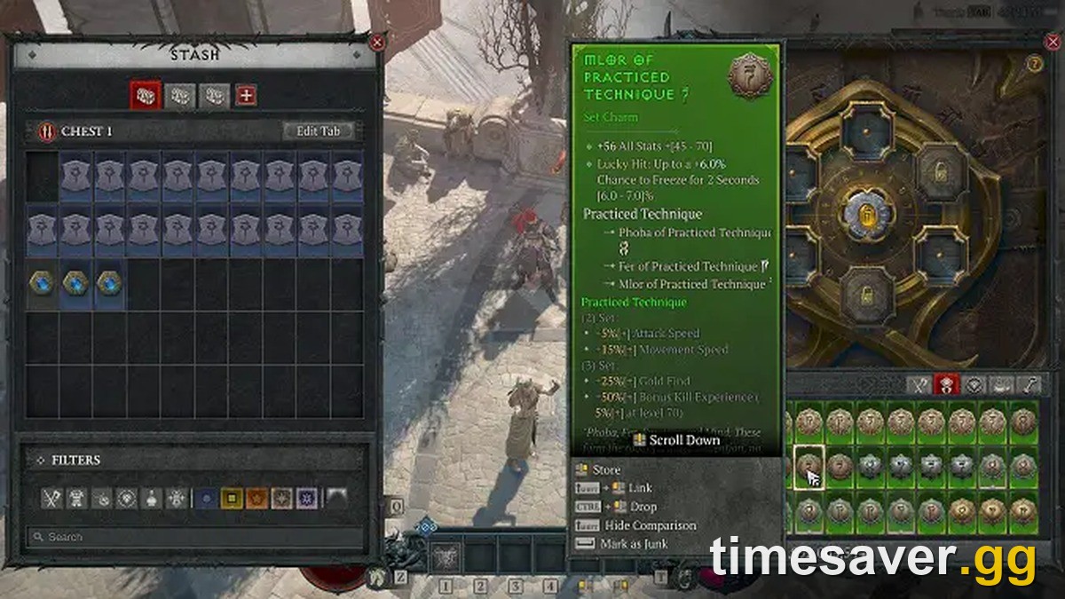 Diablo 4 Set Charm tooltip showing the Practiced Technique 3-set and 5-set bonuses next to the equipped Talisman wheel and a stash tab full of charms