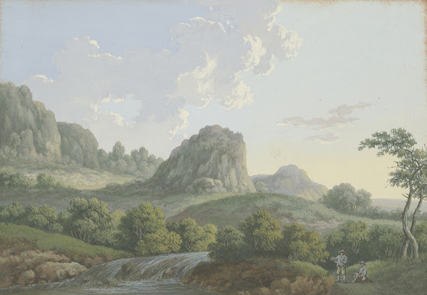 Bergige Landschaft mit einem hohen Felsen im Mittelgrund zwei Männer bei einem W