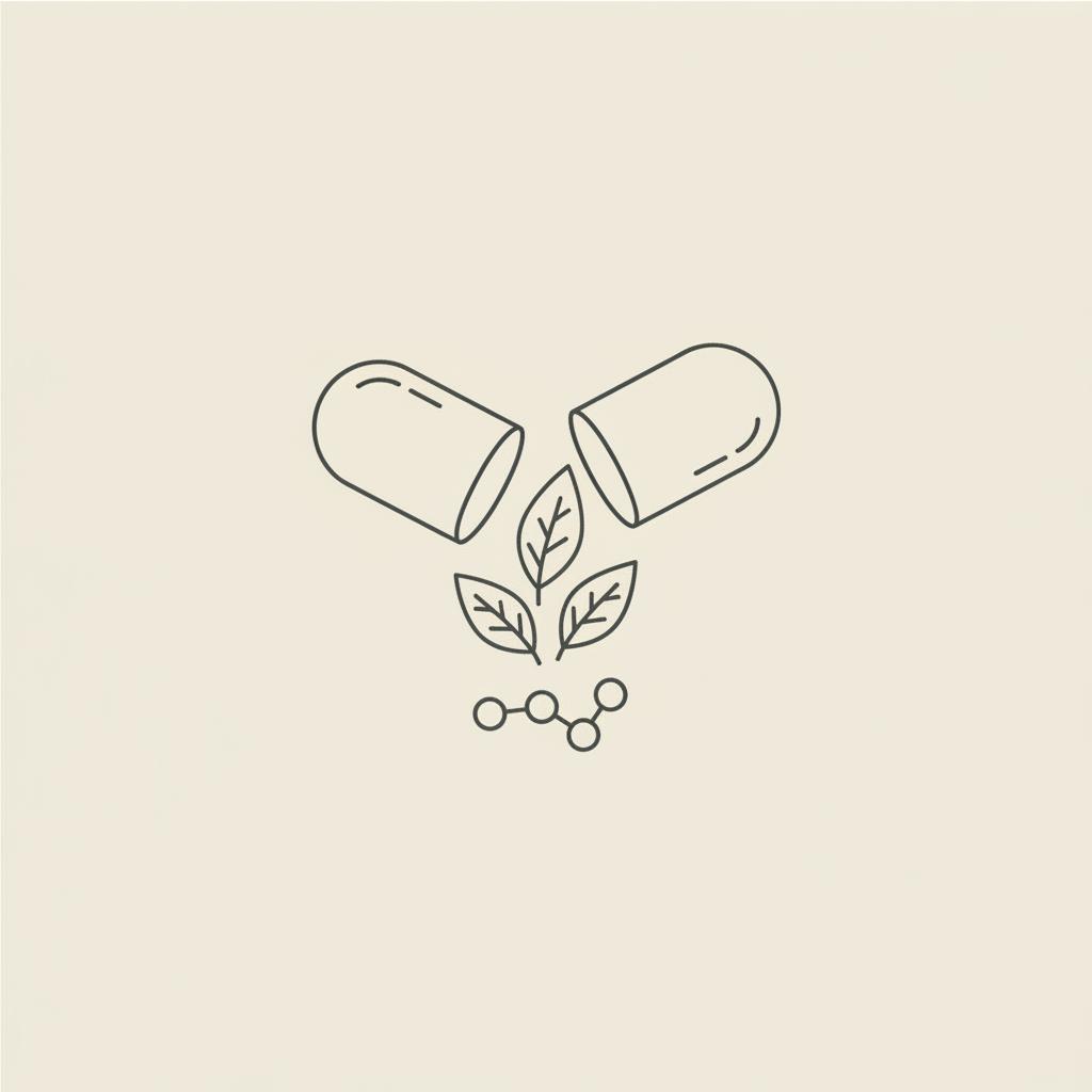Minimal 2D vector line illustration of an opened capsule releasing stylized leaves and a simple molecule schematic on beige background #F2E5D5, NAD