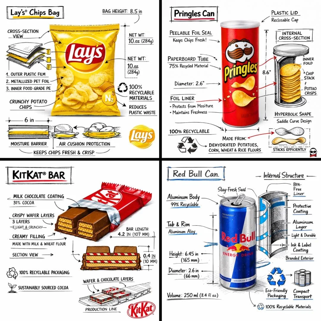 Crea una infografía técnica de marca de un [SNACK], combinando una fotografía realista o una representación fotorrealista de...