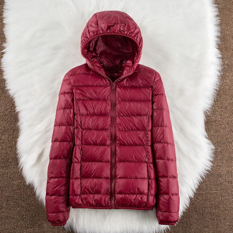 Lightweight women's down jacket with hood and stand-up collar