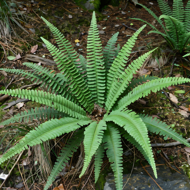 Felci - Blechnum Spicant in un giardino ombroso con ruscello