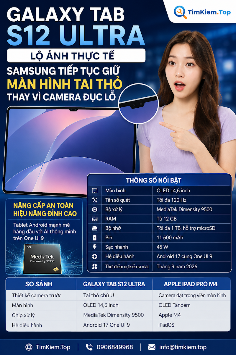 Lộ Diện Galaxy Tab S12 Ultra Vẫn Giữ "Tai Thỏ" Quen Thuộc Đâu Là Bước Đột Phá?