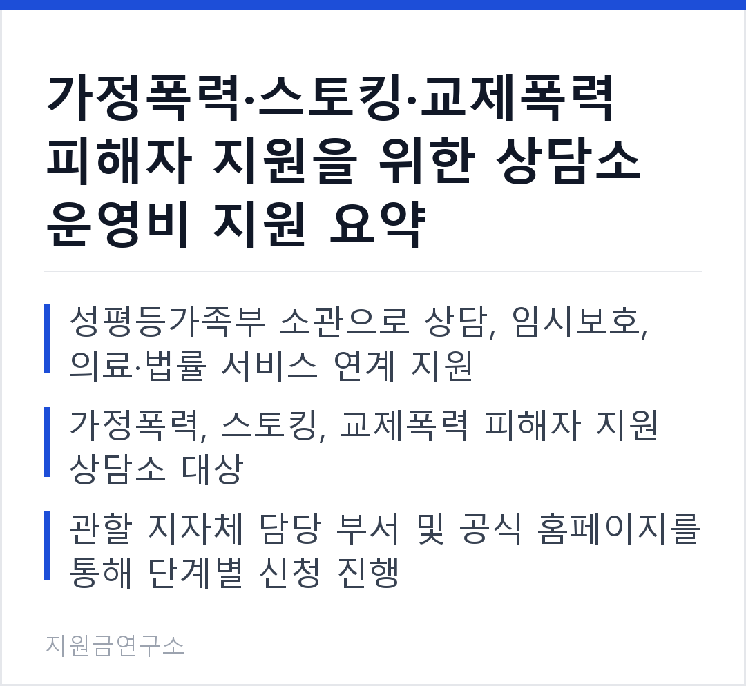 가정폭력·스토킹·교제폭력 피해자 지원을 위한 상담소 운영비 지원 요약 성평등가족부 소관으로 상담, 임시보호, 의료·법률 서비스 연계 지원 가정폭력, 스토킹, 교제폭력 피해자 지원 상담소 대상