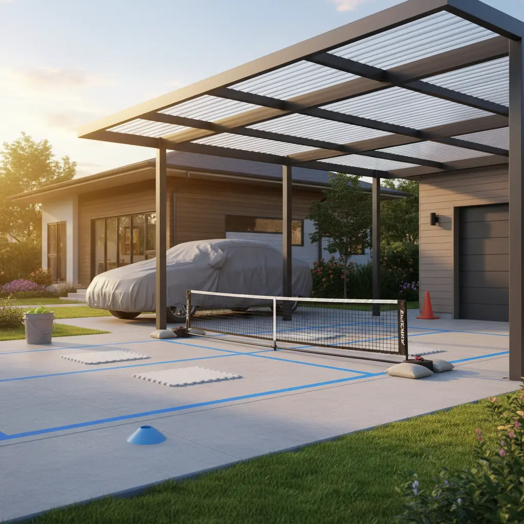 Lapangan pickleball portabel DIY untuk area carport/driveway