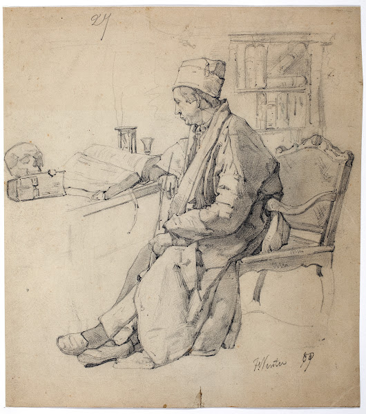Reading scholar with pipe skull and hourglass on a table 1880