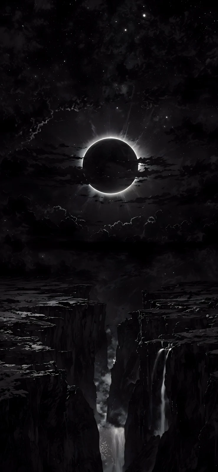 Dark Solar Eclipse Over Canyon - Monochrome Digital Art 2K iPhone Wallpaper (1890x4094)