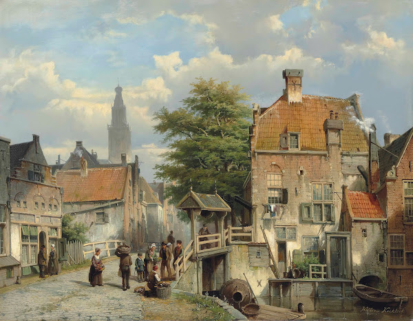 Figures on a bridge by a Dutch canal