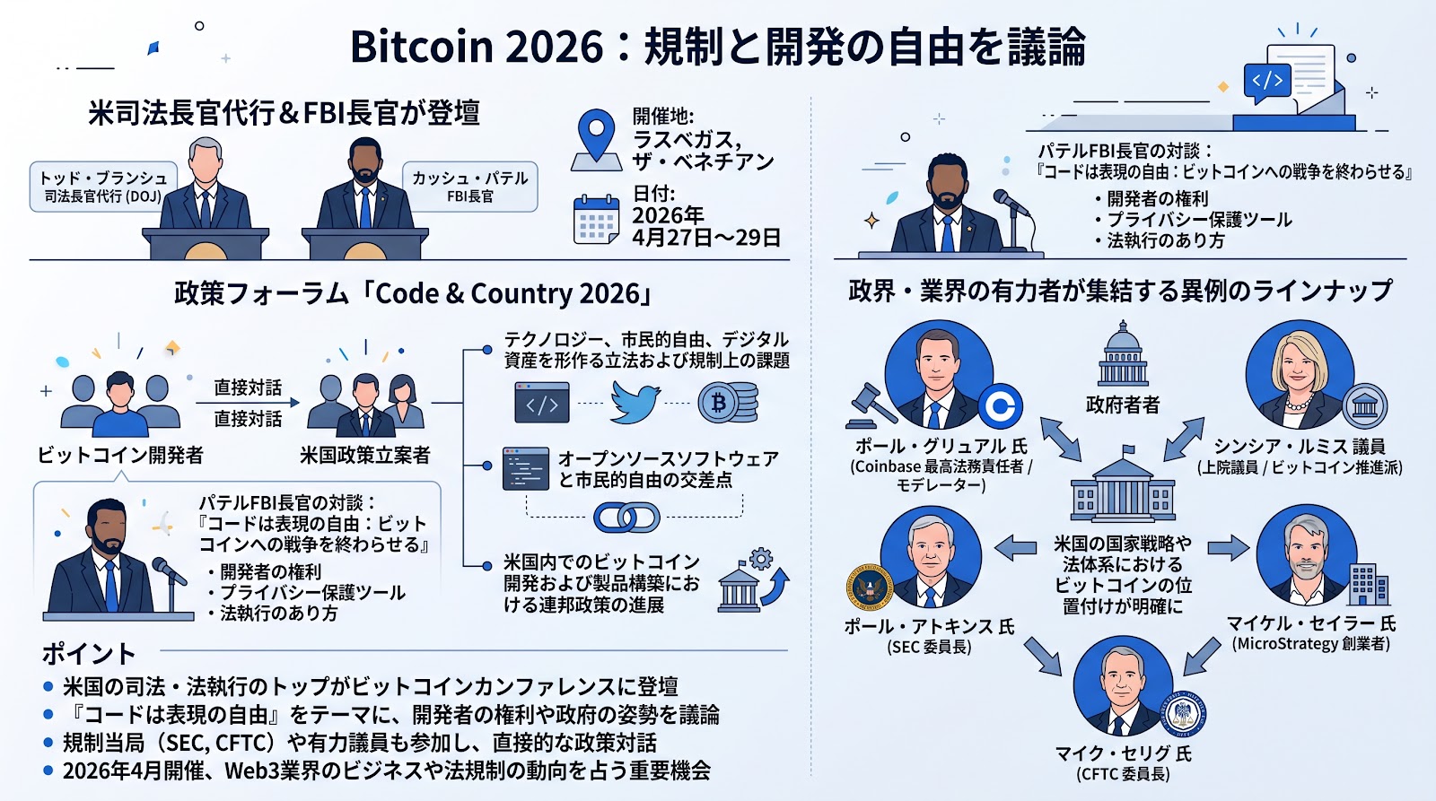 Bitcoin 2026に米司法長官代行とFBI長官が登壇へ 規制と開発の自由を議論