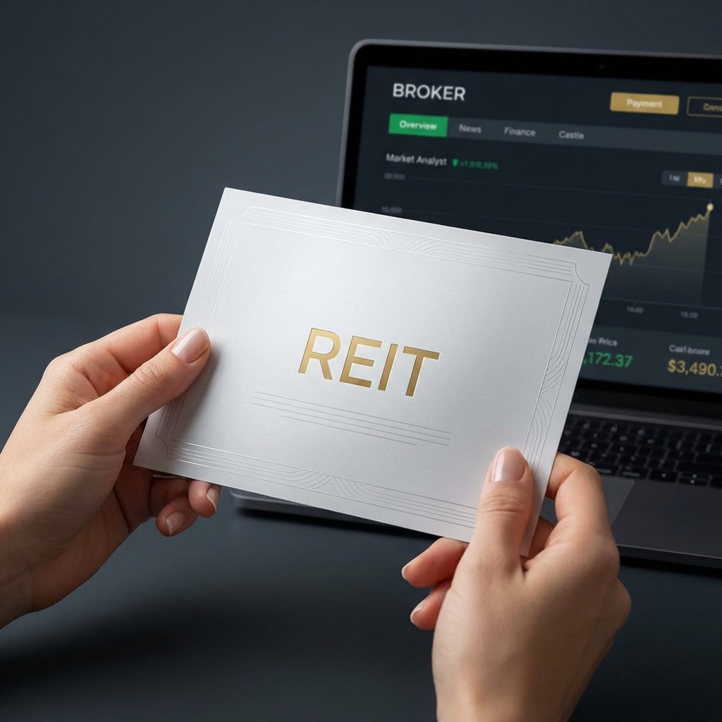 Hands holding stock certificate labeled REIT with laptop broker interface in background illustrating how to start investing in real estate