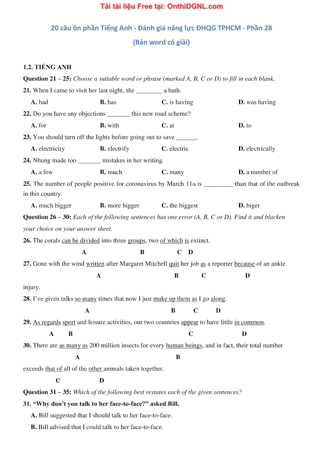 800 bài tập môn Tiếng Anh - Ôn thi ĐGNL ĐHQG TP HCM Phần 28