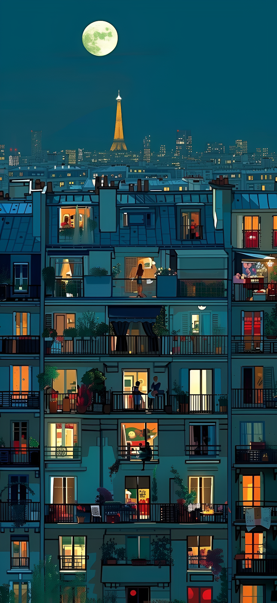 Cozy Parisian Apartment Facade, Eiffel Tower Night Illustration - Free 4K mobile Wallpaper