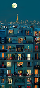 Cozy Parisian Apartment Facade, Eiffel Tower Night Illustration